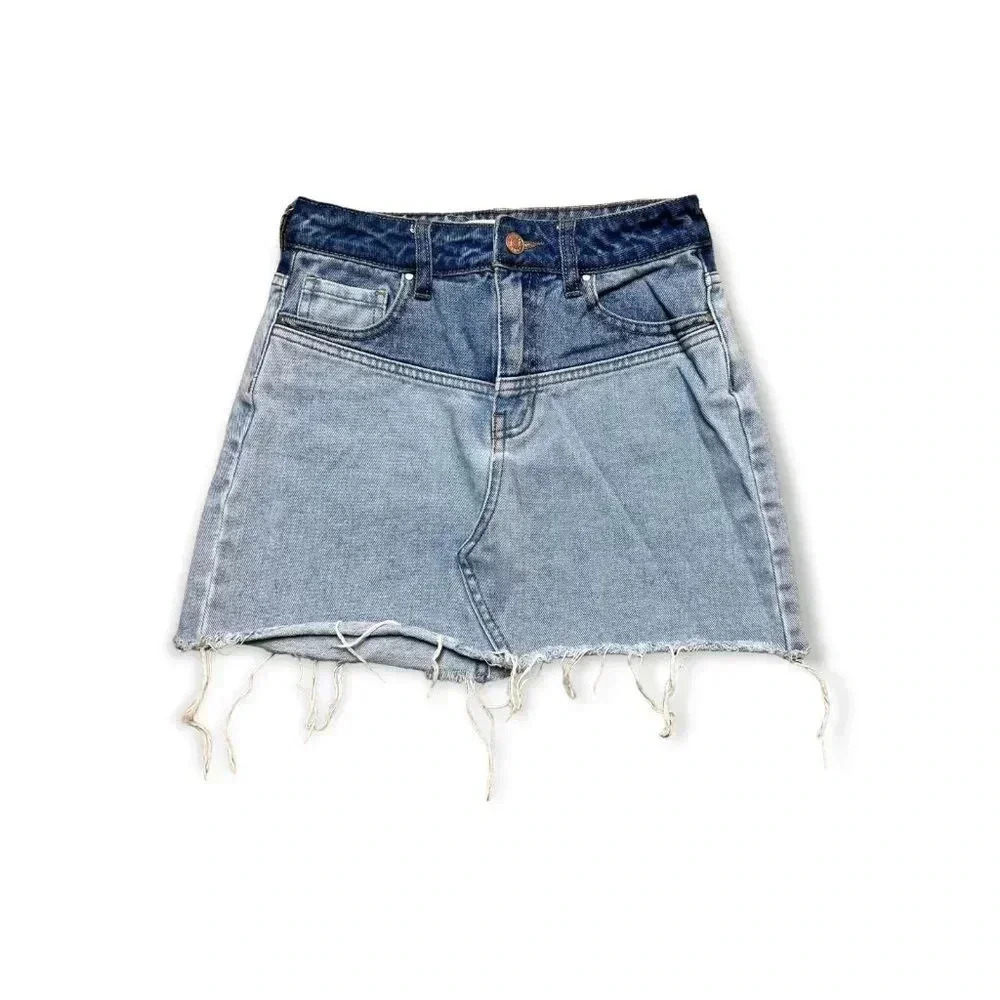 Pacsun Womens Blue Colorblock Distressed Denim Mini Skirt Sz 23 Raw Edge Retro